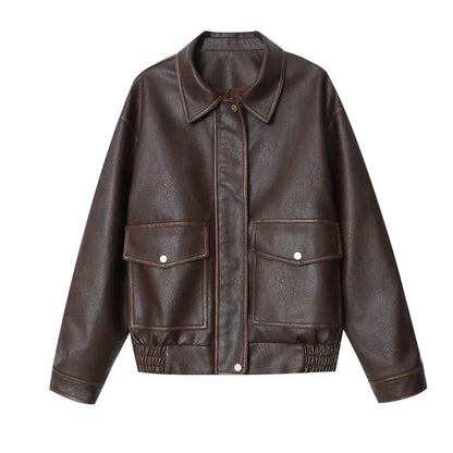 Veste Femme Effet Cuir Coupe Droite Style Vintage Mi-saison