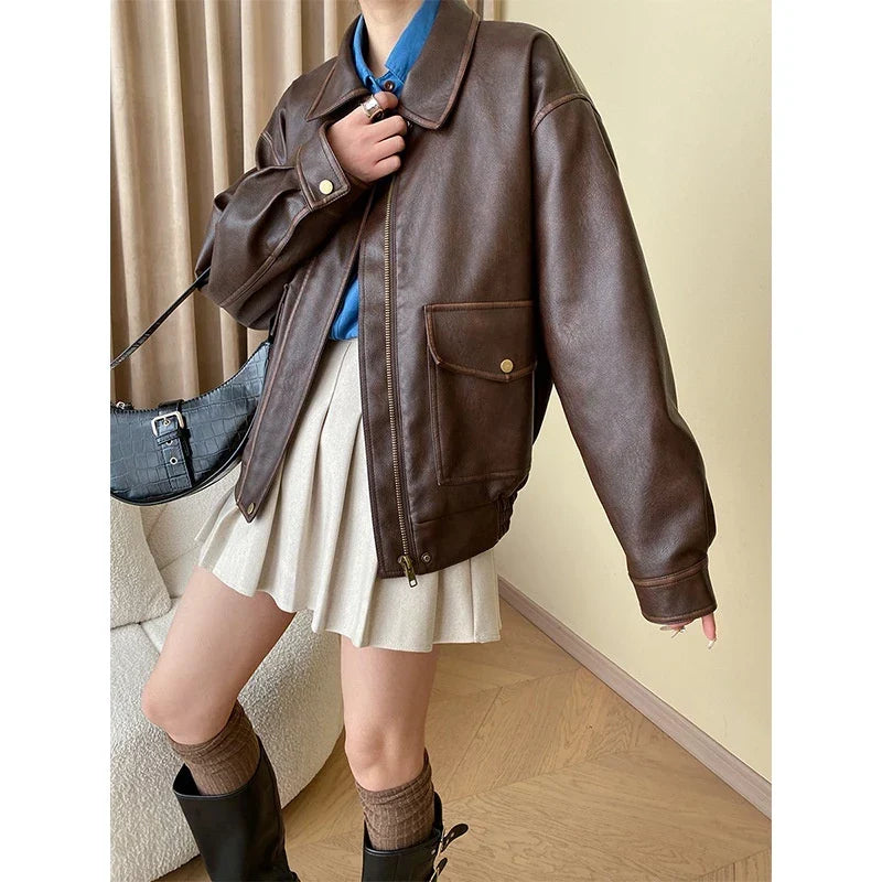 Veste Femme Effet Cuir Coupe Droite Style Vintage Mi-saison