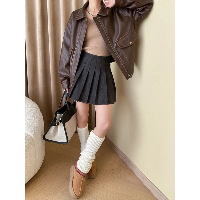 Veste Femme Effet Cuir Coupe Droite Style Vintage Mi-saison