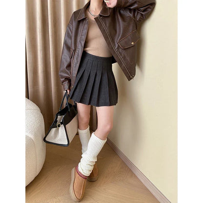 Veste Femme Effet Cuir Coupe Droite Style Vintage Mi-saison