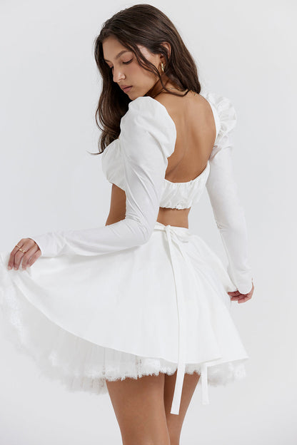 Robe Blanche Été avec Puff Manches Courtes et Jupon