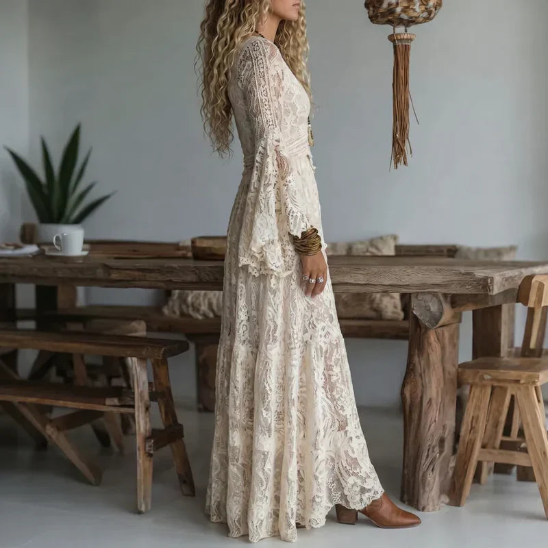 Robe longue Femme Dentelle Vintage Manches évasées