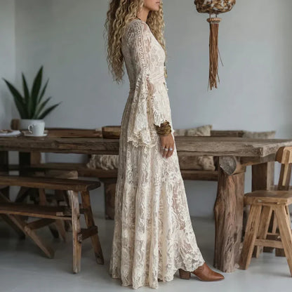 Robe longue Femme Dentelle Vintage Manches évasées