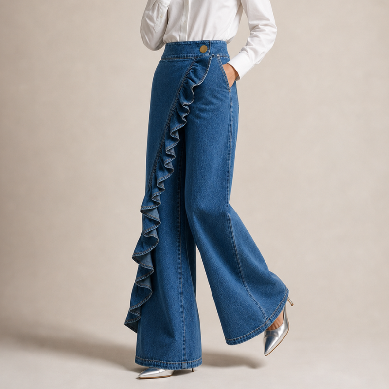 Pantalon Large Femme Denim Volants Asymétriques