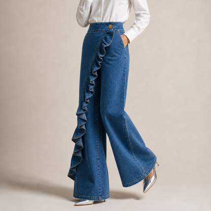 Pantalon Large Femme Denim Volants Asymétriques