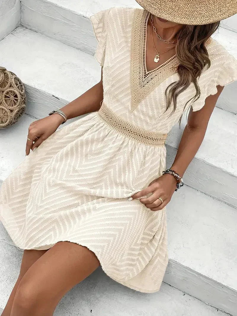 Robe courte Femme Broderie Col en V Taille Cintrée