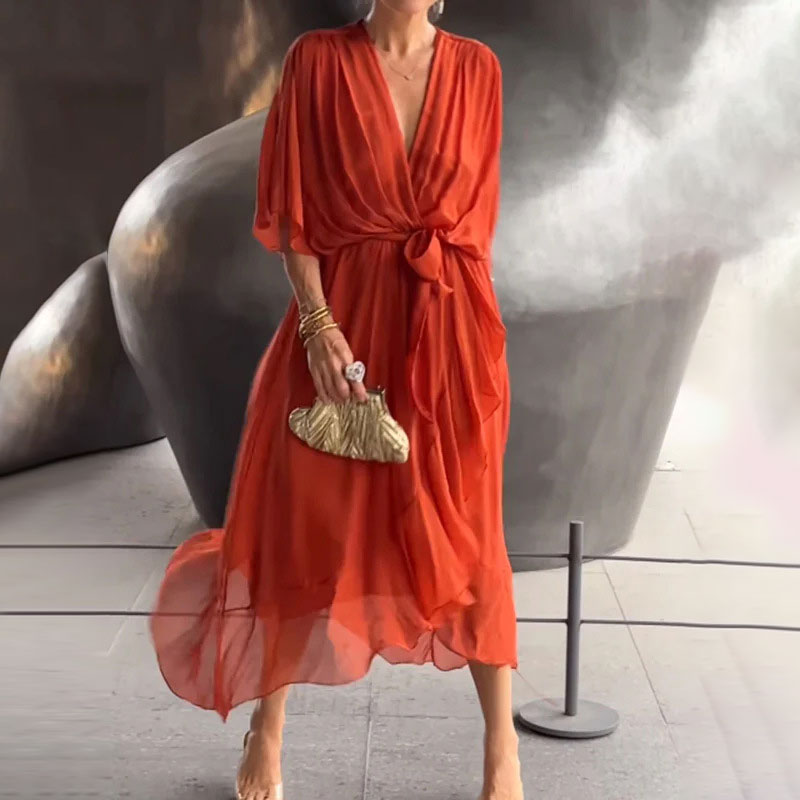 Robe Femme Élégante Décolleté en V Taille Cintrée