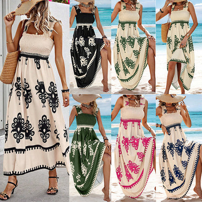Robe Femme Sans Manches Taille Smockée Coupe Fluide Style Plage
