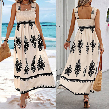 Robe Femme Sans Manches Taille Smockée Coupe Fluide Style Plage
