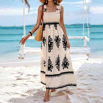 Robe Femme Sans Manches Taille Smockée Coupe Fluide Style Plage