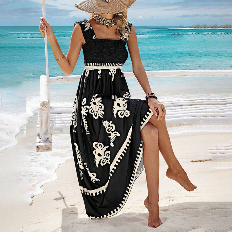 Robe Femme Sans Manches Taille Smockée Coupe Fluide Style Plage
