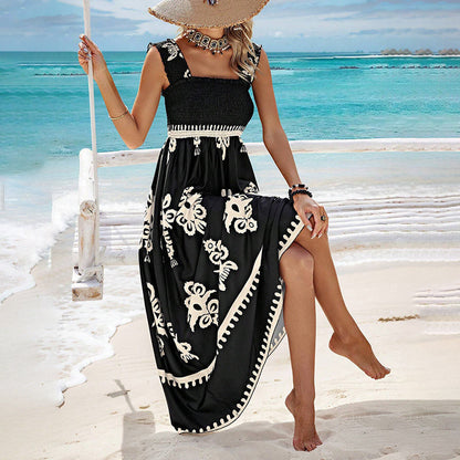 Robe Femme Sans Manches Taille Smockée Coupe Fluide Style Plage