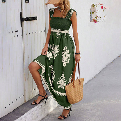 Robe Femme Sans Manches Taille Smockée Coupe Fluide Style Plage