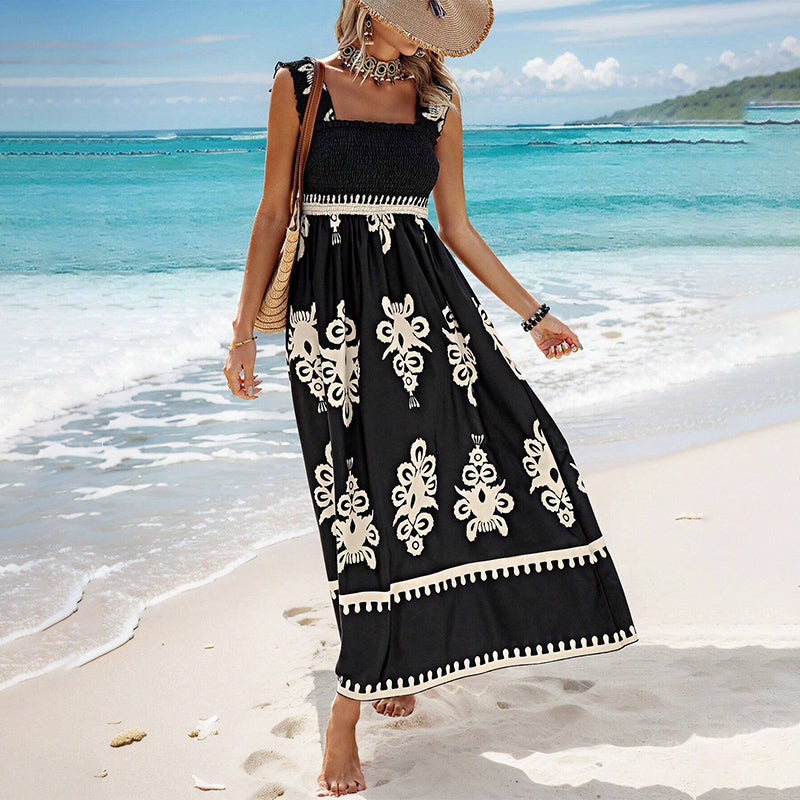 Robe Femme Sans Manches Taille Smockée Coupe Fluide Style Plage