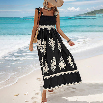 Robe Femme Sans Manches Taille Smockée Coupe Fluide Style Plage
