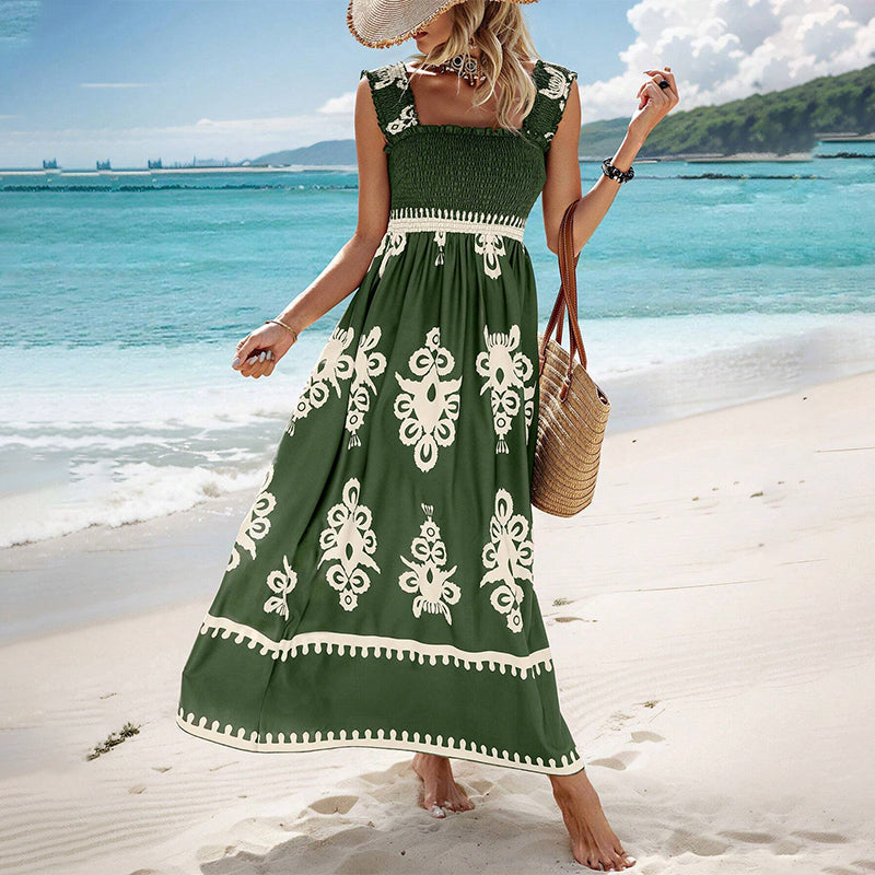 Robe Femme Sans Manches Taille Smockée Coupe Fluide Style Plage