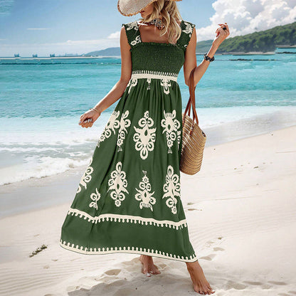 Robe Femme Sans Manches Taille Smockée Coupe Fluide Style Plage