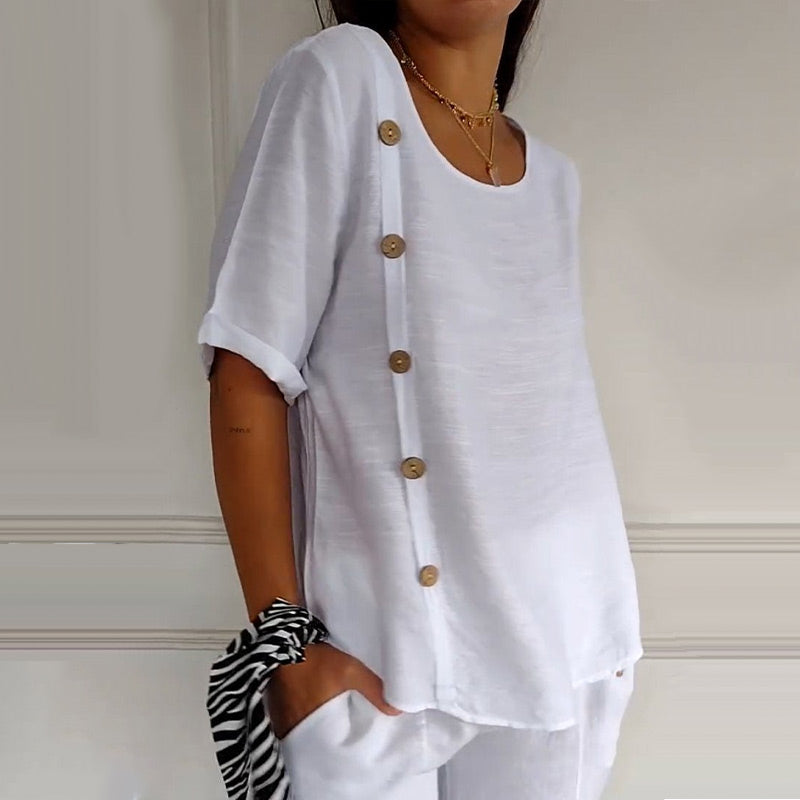 Blouse Femme Lin Col Rond Boutons Latéraux Coupe Ample - PanierRoyale