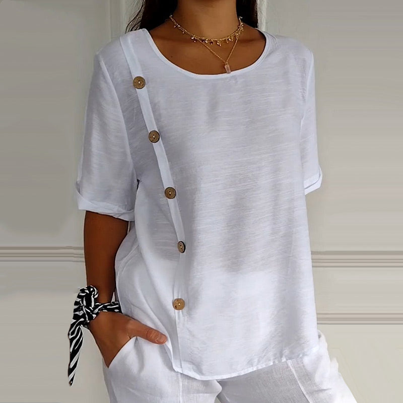 Blouse Femme Lin Col Rond Boutons Latéraux Coupe Ample