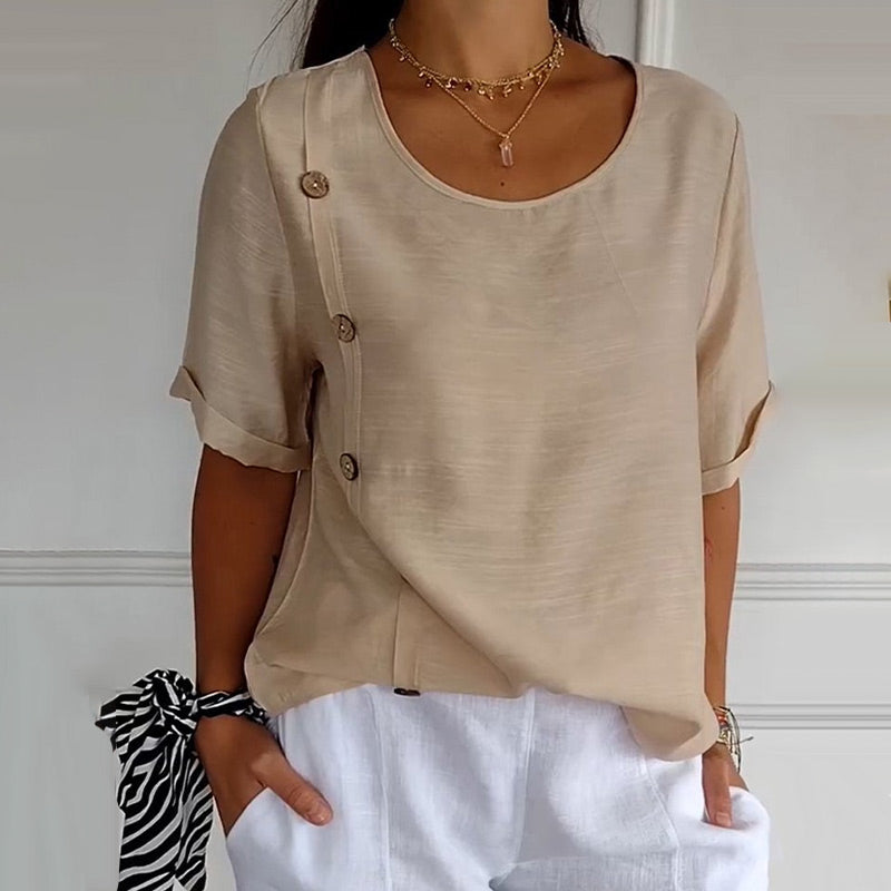 Blouse Femme Lin Col Rond Boutons Latéraux Coupe Ample