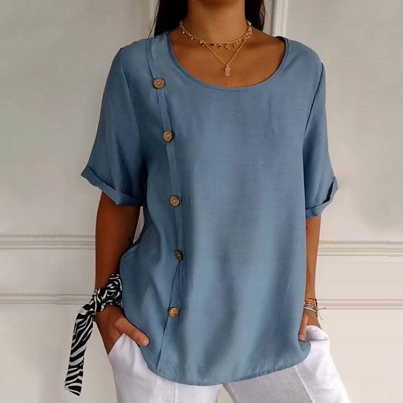 Blouse Femme Lin Col Rond Boutons Latéraux Coupe Ample