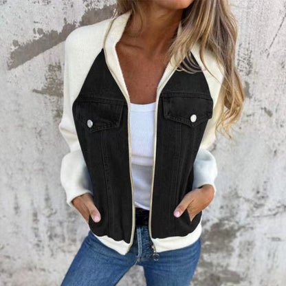 Veste Femme Denim Zippée Patchwork Confortable Style Casual