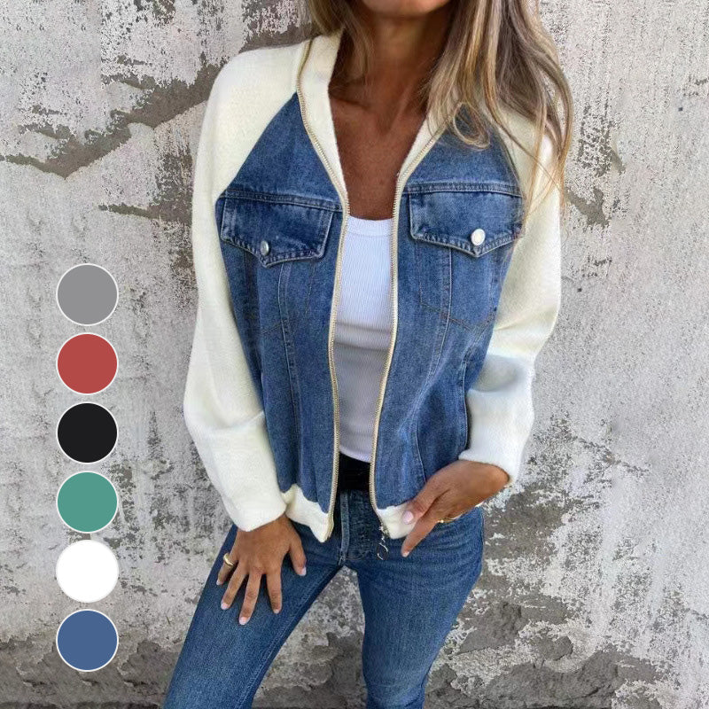Veste Femme Denim Zippée Patchwork Confortable Style Casual - PanierRoyale