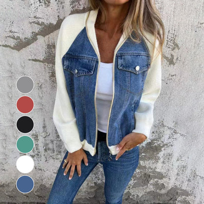 Veste Femme Denim Zippée Patchwork Confortable Style Casual - PanierRoyale