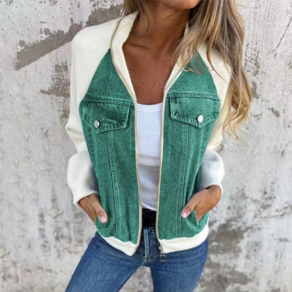 Veste Femme Denim Zippée Patchwork Confortable Style Casual