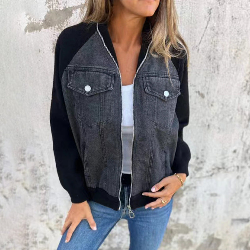 Veste Femme Denim Zippée Patchwork Confortable Style Casual