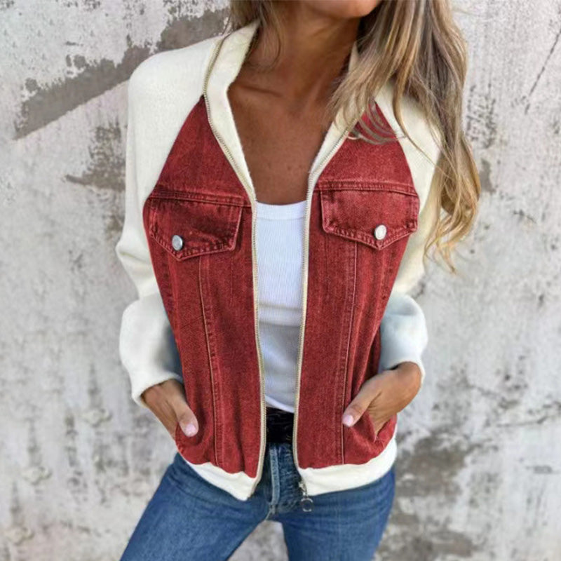 Veste Femme Denim Zippée Patchwork Confortable Style Casual