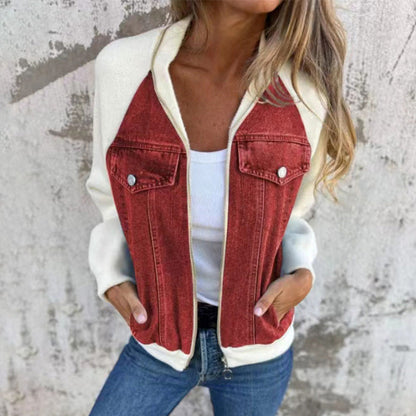 Veste Femme Denim Zippée Patchwork Confortable Style Casual