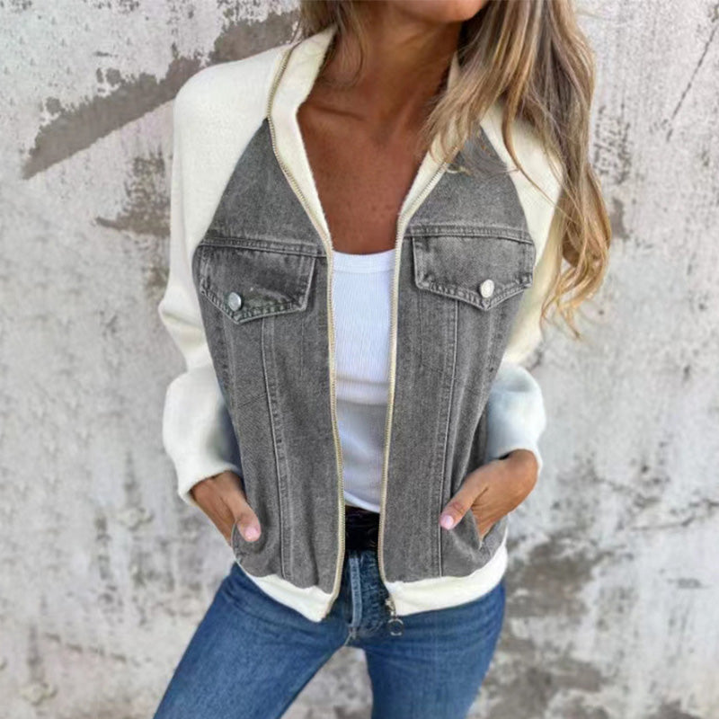 Veste Femme Denim Zippée Patchwork Confortable Style Casual