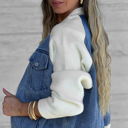 Veste Femme Denim Zippée Patchwork Confortable Style Casual