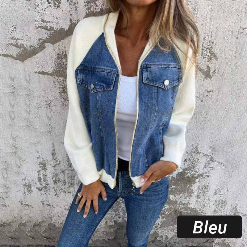 Veste Femme Denim Zippée Patchwork Confortable Style Casual