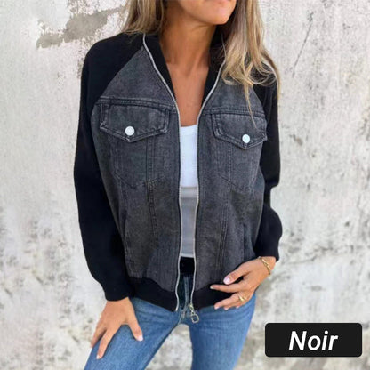 Veste Femme Denim Zippée Patchwork Confortable Style Casual