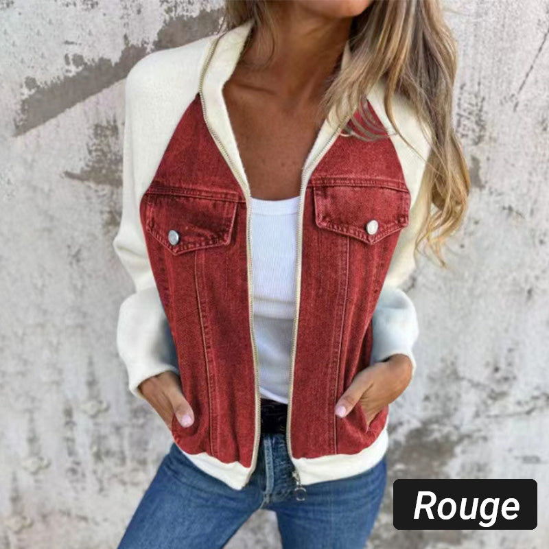Veste Femme Denim Zippée Patchwork Confortable Style Casual