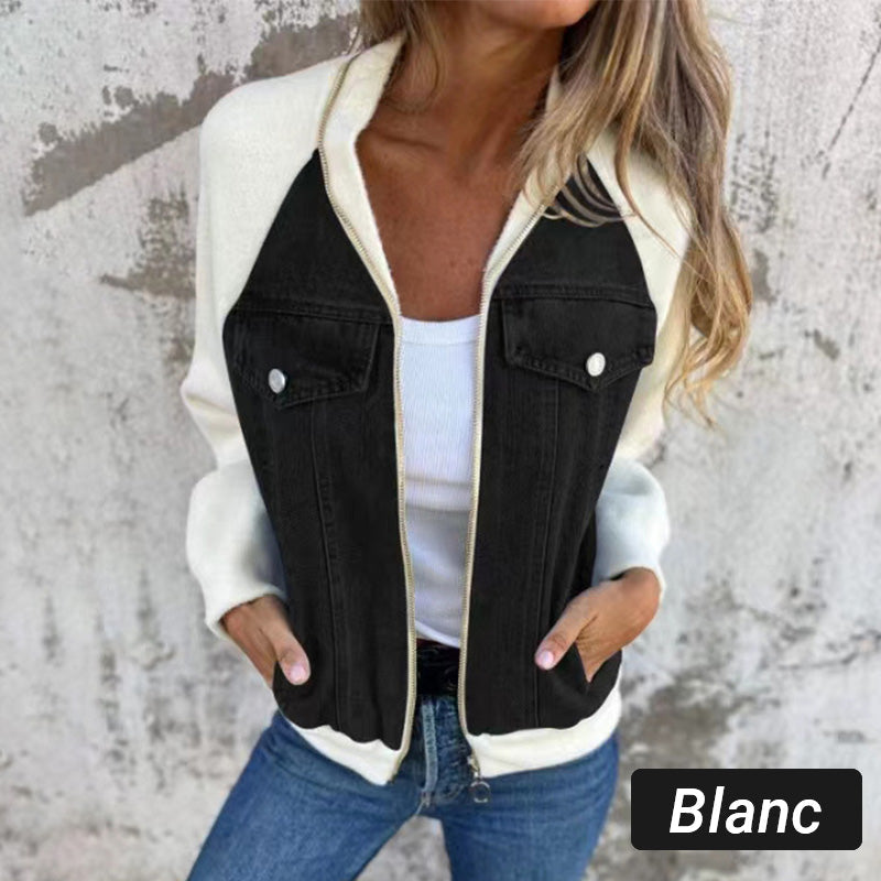 Veste Femme Denim Zippée Patchwork Confortable Style Casual