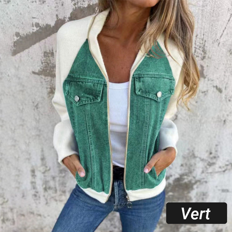 Veste Femme Denim Zippée Patchwork Confortable Style Casual