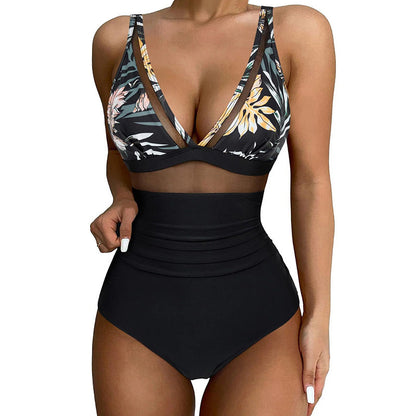 Maillot de Bain Femme Une Pièce Maille Transparente Taille Haute