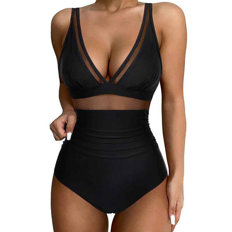 Maillot de Bain Femme Une Pièce Maille Transparente Taille Haute