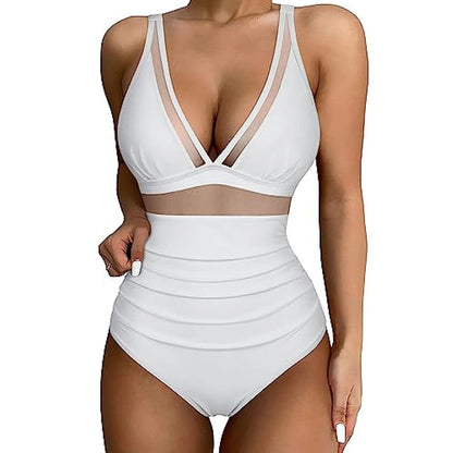 Maillot de Bain Femme Une Pièce Maille Transparente Taille Haute