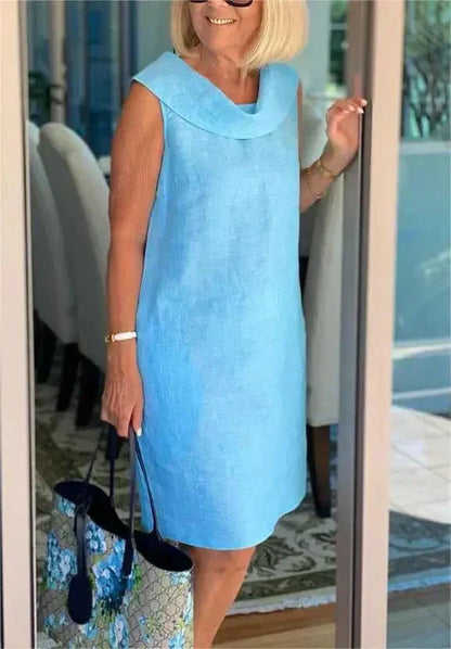 Robe Femme Coton Lin Col Montant Coupe Fluide Manches Courtes