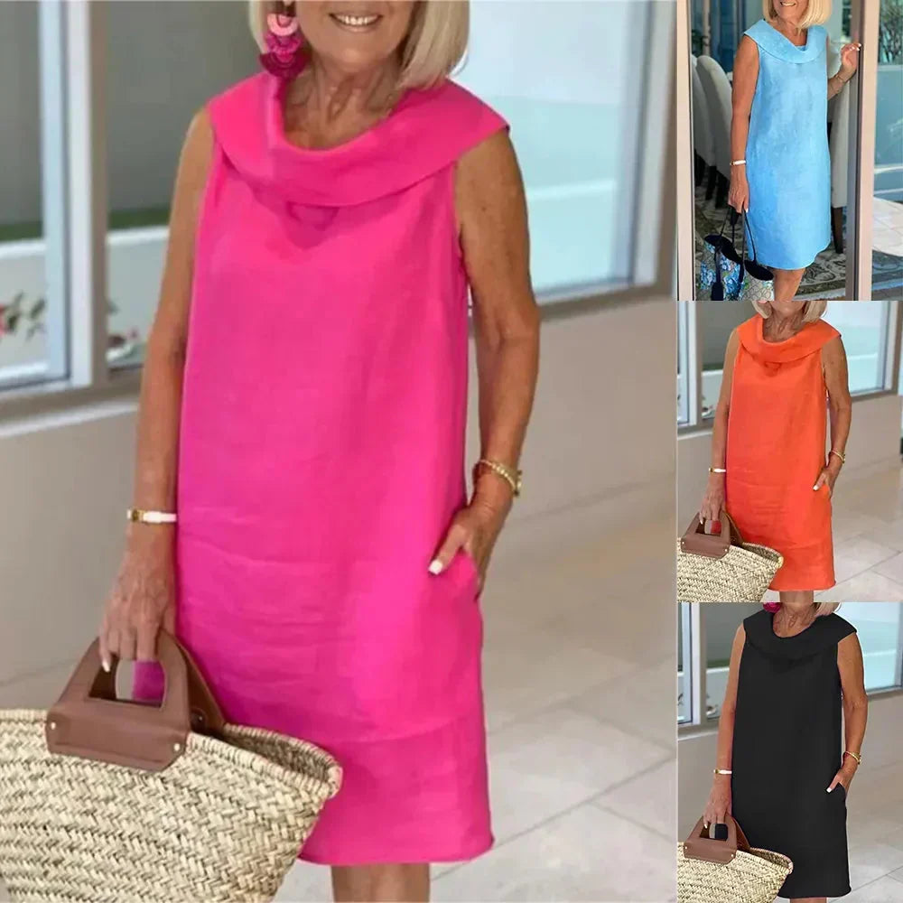 Robe Femme Coton Lin Col Montant Coupe Fluide Manches Courtes