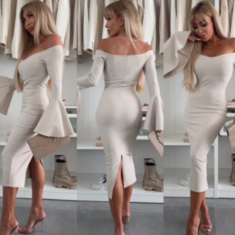 Robe Femme Coupe Ajustée Manches Évasées Élégante