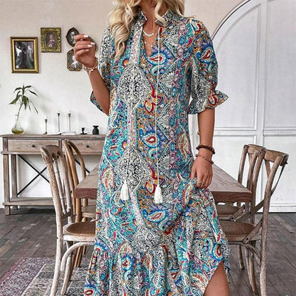 Robe Bohème Femme Imprimé Cachemire Col V Pompons - PanierRoyale