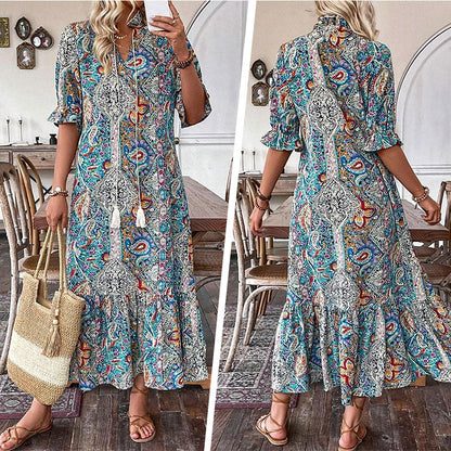 Robe Bohème Femme Imprimé Cachemire Col V Pompons