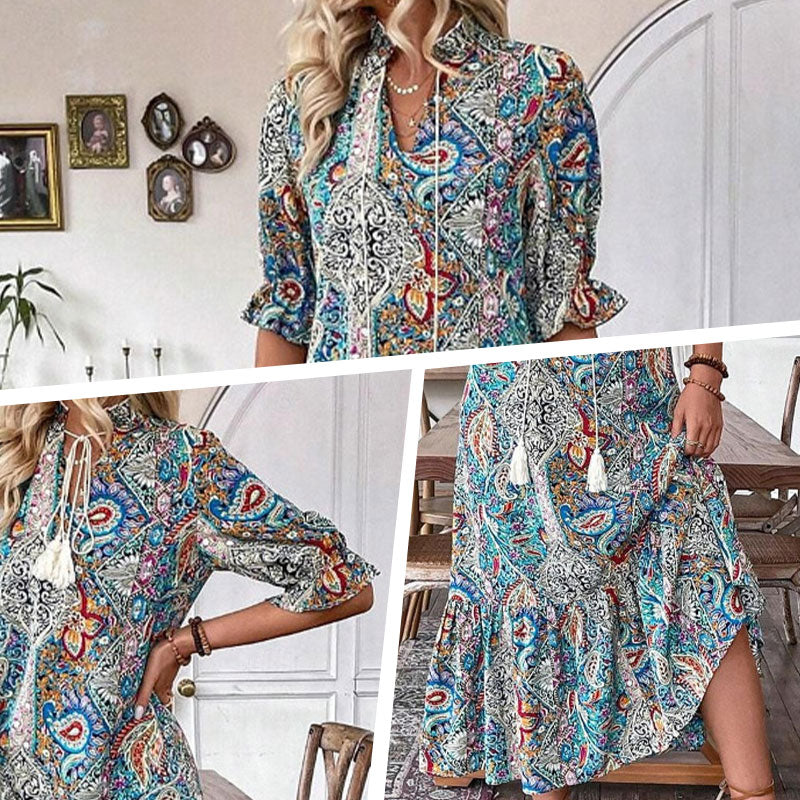 Robe Bohème Femme Imprimé Cachemire Col V Pompons