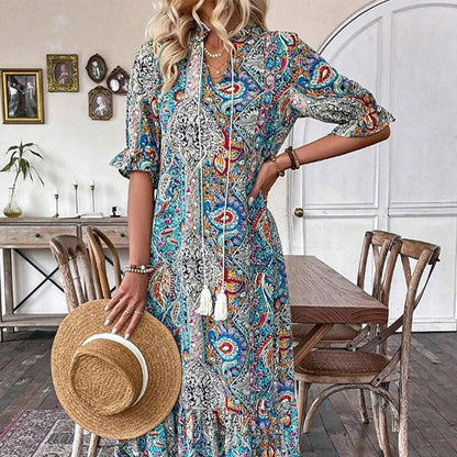 Robe Bohème Femme Imprimé Cachemire Col V Pompons