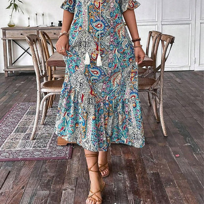 Robe Bohème Femme Imprimé Cachemire Col V Pompons